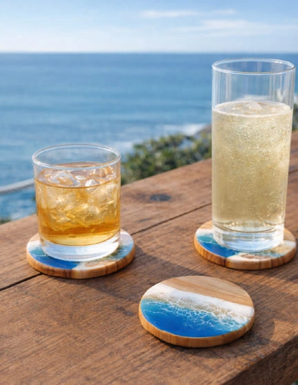 sous-verres bois r&eacute;sine effet vague oc&eacute;an